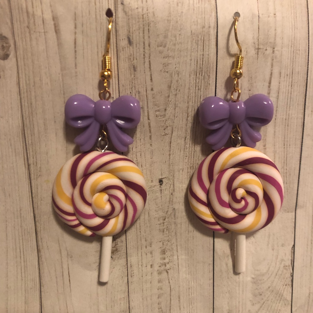 Lollipop Swirl Candy Bow Purple Food Earrings Lollipop Swirl Candy Bow Purple Food Earrings